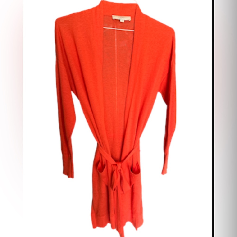 Lightweight linen blend tie waist orange cardigan